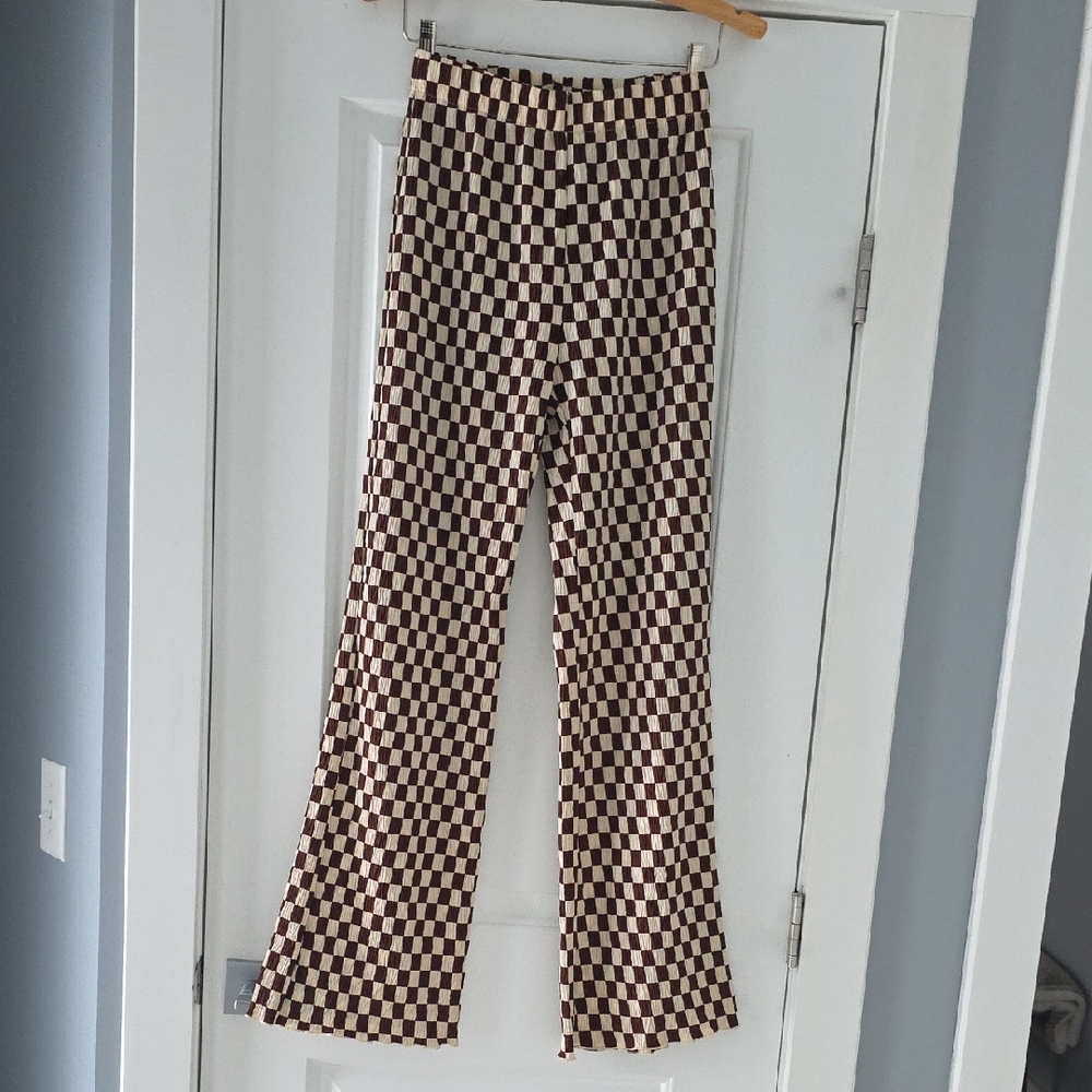 Emory Park Chocolate Brown & Cream Checkered Wide Leg Pants